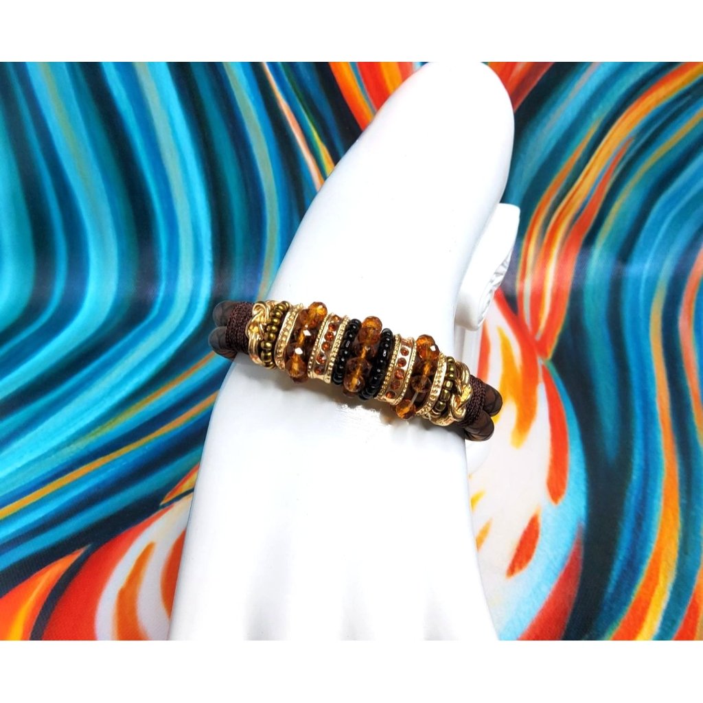 Vintage Gold Tone Amber/Black Beaded Fabric Magnetic Closure Bracelet